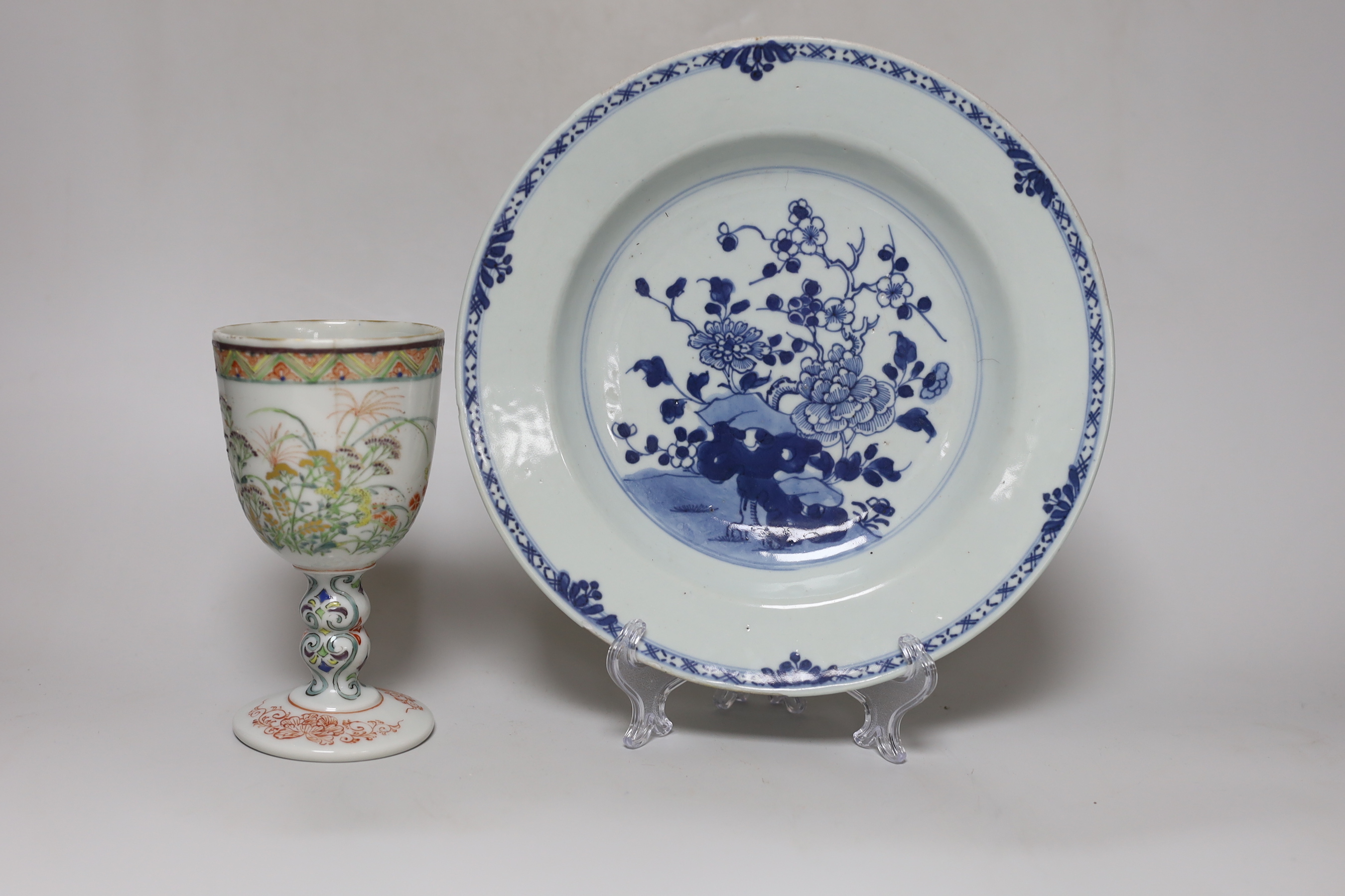 An unusual Japanese porcelain goblet and an 18th century Chinese export blue and white plate